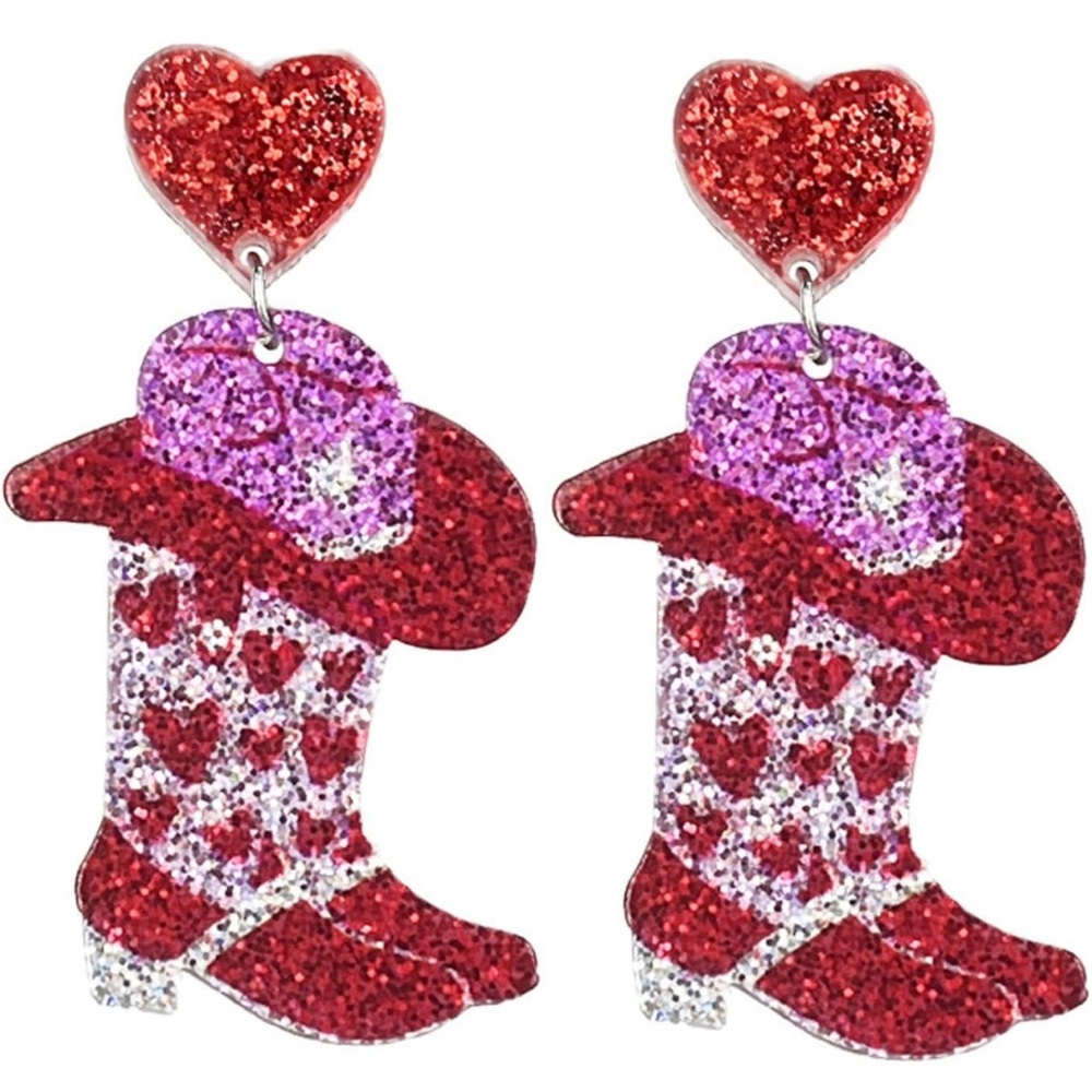 Cowboy Boots with Red Hearts Earrings NIP